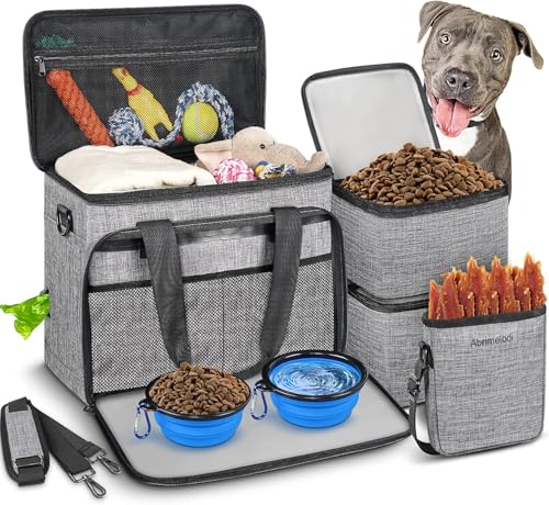 Grey Abrimelodi six-piece dog travel bag set with containers and collapsible bowls