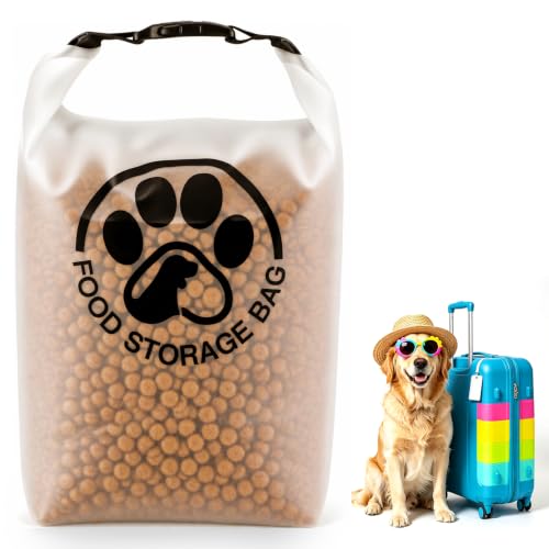 Transparent roll-top dog food storage bag holding 14 cups