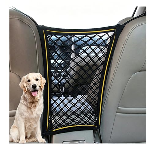 Black mesh dog car net barrier with a storage pouch installed behind front seats