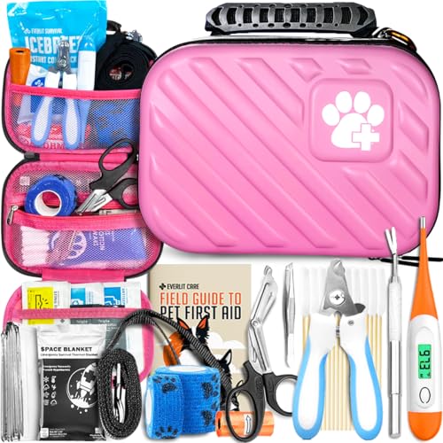 EVERLIT 95-piece pet first aid kit in a compact zip bag with contents laid out