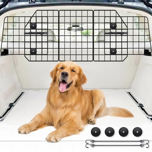 Heavy duty steel wire mesh dog barrier fitted across an SUV cargo area