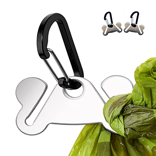 Two hand-free metal dog poop bag holders that clip onto a leash