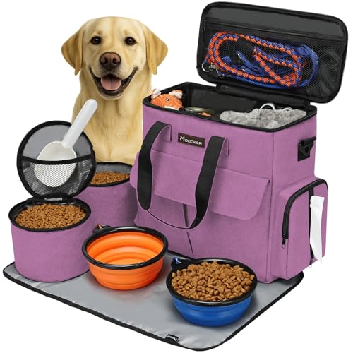Pink Modoker weekend dog travel bag set with two food containers, two bowls and a mat