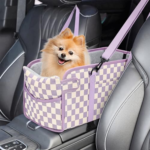 Purple checkered foldable console booster car seat with a small dog sitting in it