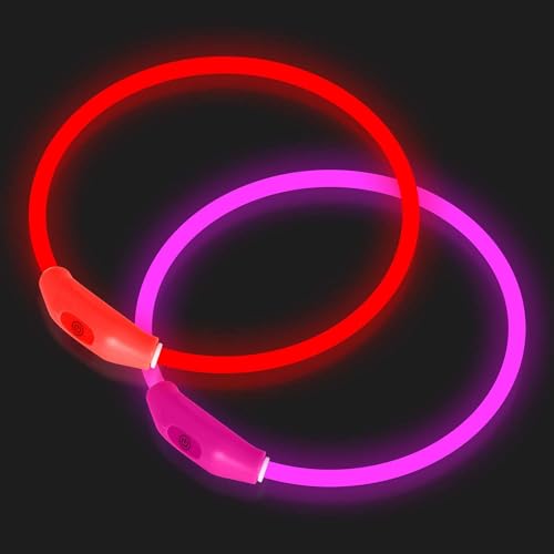 Two rechargeable light-up LED dog collars in red and pink