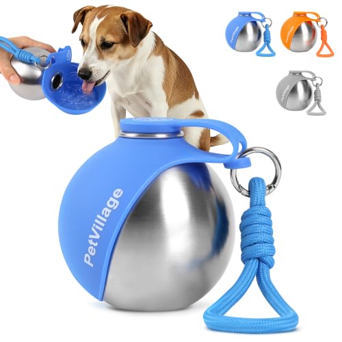 Blue stainless steel dog water bottle with an attached foldable bowl