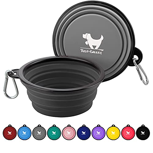 Two black collapsible TPE dog travel bowls with carabiner clips