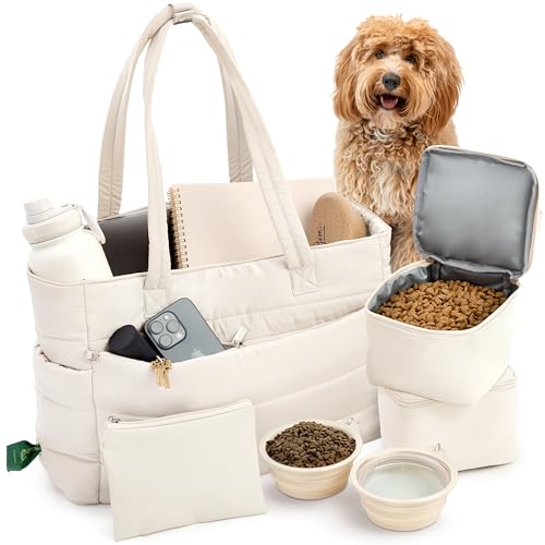 Beige quilted puffer dog travel bag with collapsible bowls and food containers