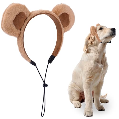Brown fluffy bear ears headband on a dog