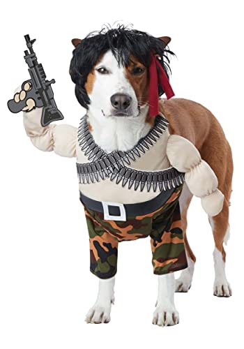 Dog wearing an upright action hero costume with false arms and legs