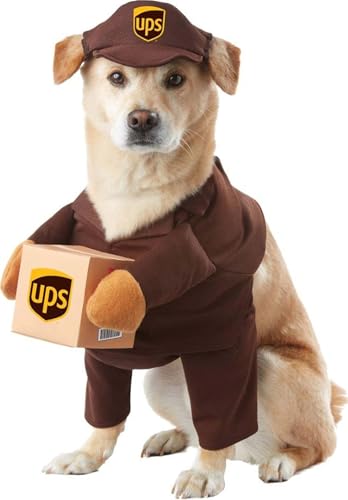 Dog wearing a brown delivery uniform costume with a printed package