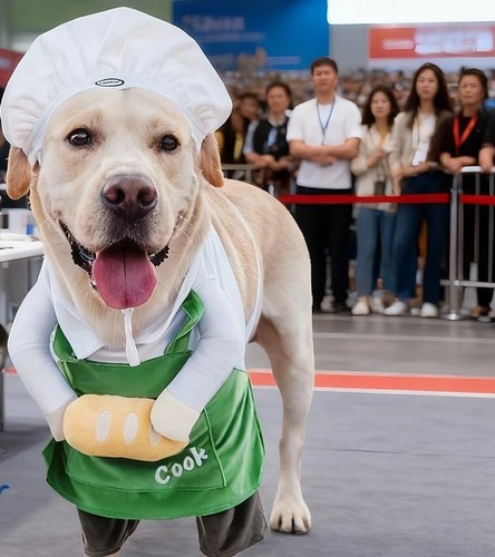 Labrador in a chef costume with a white hat, green Cook apron and stuffed arms holding a baguette
