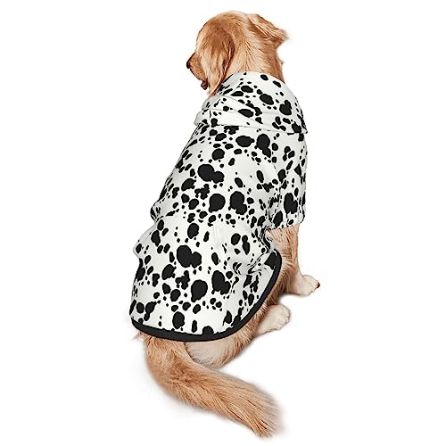 Dog wearing a white hooded sweater with black dalmatian spots and a back pocket