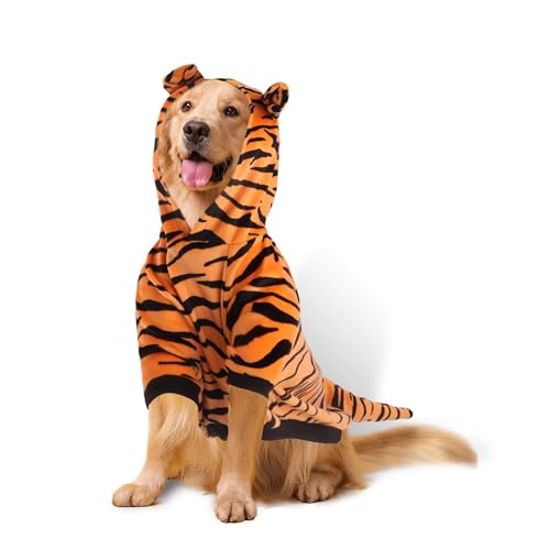 Golden retriever wearing an orange striped tiger hoodie costume
