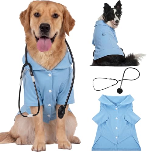 Dog wearing blue surgical scrubs with a printed stethoscope at the collar
