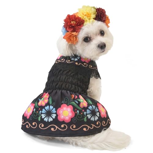 Dog wearing an embroidered Day of the Dead dress with a rose flower crown