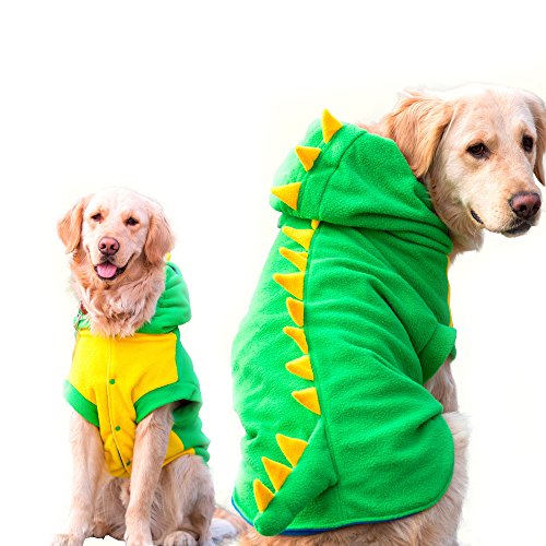 Dog wearing a green fleece dinosaur hoodie with 3D spikes down the back