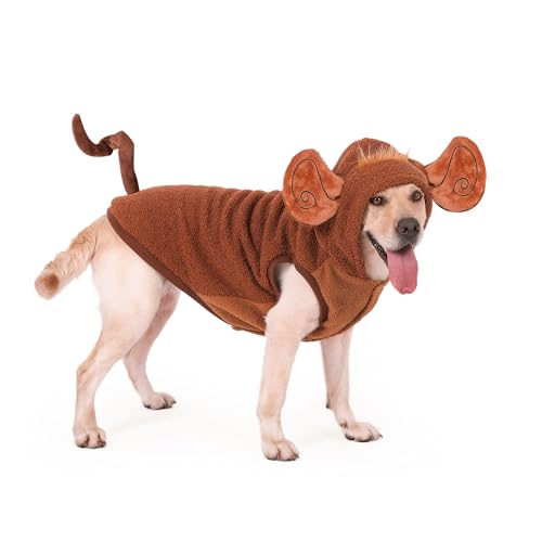 Dog in a brown fleece monkey costume with ears and a face on the hood