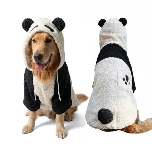Large dog wearing a black and white panda fleece costume with a hood