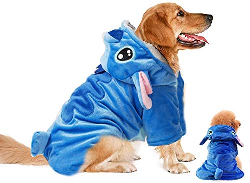 Dog wearing a soft cartoon character hoodie costume with ears