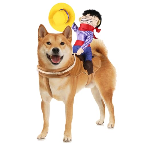 Dog wearing a costume with a small cowboy figure strapped upright on its back