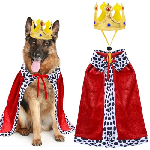German shepherd wearing a red and white royal cloak with a gold crown