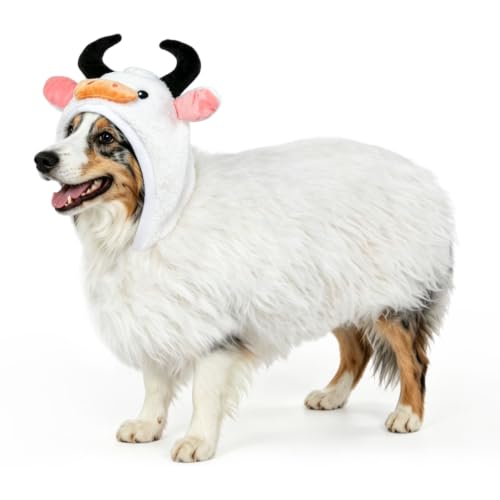 Dog wearing a white Highland cow hooded sweatshirt with shaggy fur and horns