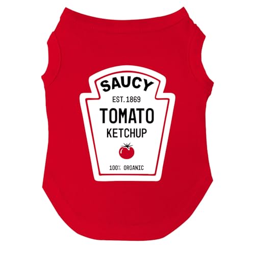 Dog wearing a red sleeveless ketchup bottle tee shirt costume