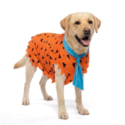 Dog wearing an orange caveman shirt costume with a printed hide pattern and blue tie