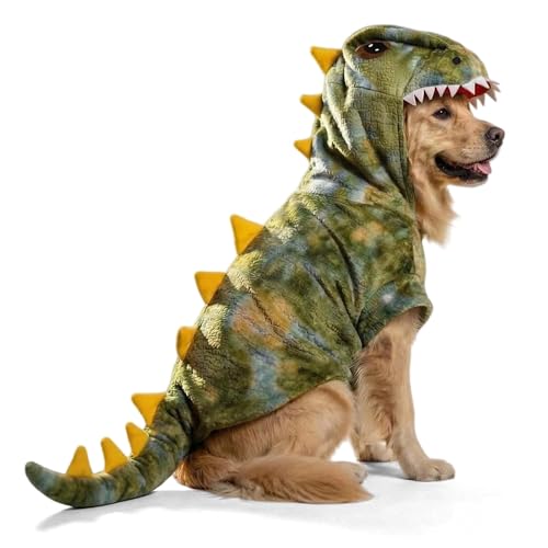 Large dog in a fleece T-Rex costume with a hood and tail