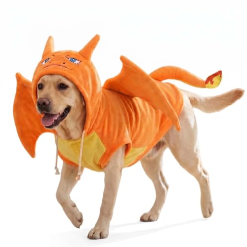 Large dog wearing a fleece dragon costume with structured wings and a tail