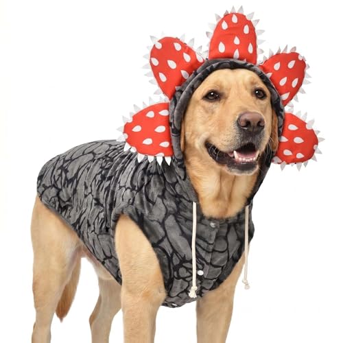 Dog in a grey fleece Demogorgon costume with a petal-shaped face hood