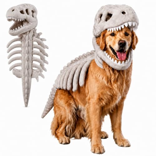Dog in a plush prehistoric skeleton costume with dimensional ribs and spine
