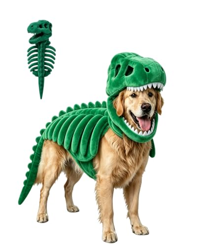 Dog wearing a plush dinosaur skeleton costume with glow in the dark bones