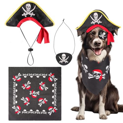 Three piece dog pirate set with a captain hat, skull bandana and eye mask