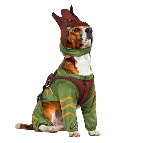 Dog dressed as Battle Cat in orange tiger stripes with green armor and helmet