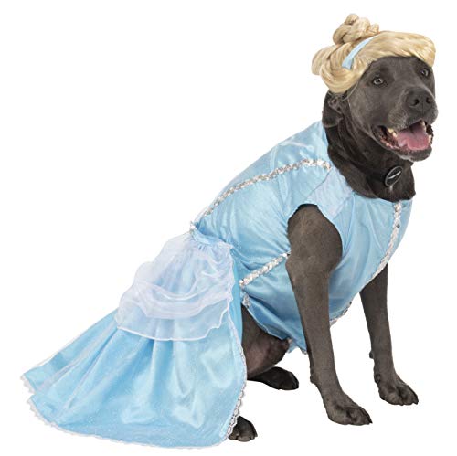 Large grey dog wearing a light blue Cinderella ball gown with a blonde updo wig