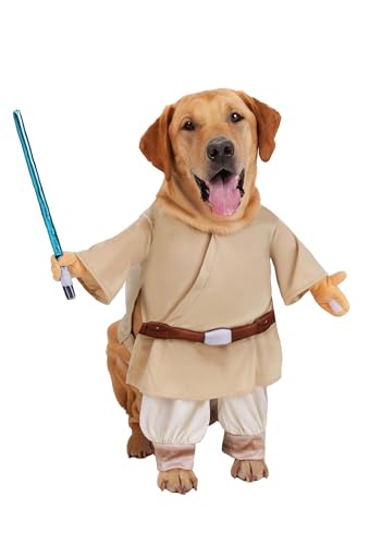 Dog in a beige Luke Skywalker tunic with a lightsaber sewn along one side
