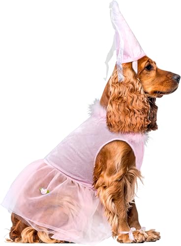 Dog in a pink and gold princess dress with a matching headpiece