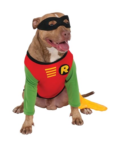 Dog wearing a red and green Robin costume with a yellow cape and eye mask