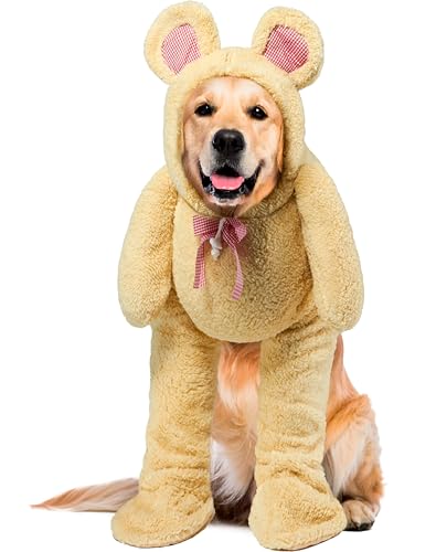 Dog in a costume that makes it appear to walk upright while carrying a teddy bear
