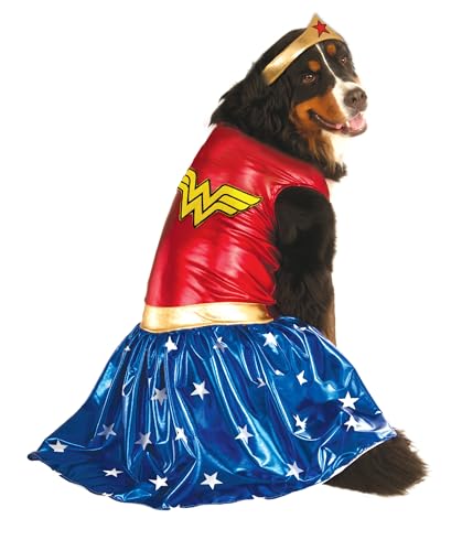 Dog wearing a red and blue Wonder Woman costume with a gold tiara