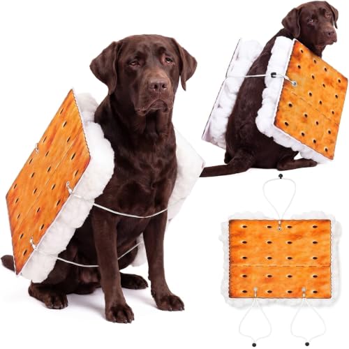 Dog wearing a s'more costume with marshmallow and chocolate panels