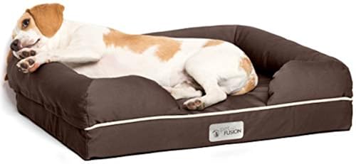 Dog resting on a brown PetFusion orthopedic memory foam bed with bolstered sides
