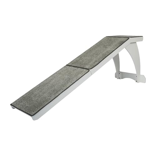 White wooden PetSafe CozyUp pet bed ramp with carpeted running surface