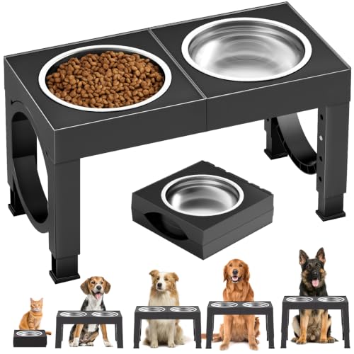 Black XIAZ adjustable elevated dog bowl stand with two stainless steel bowls